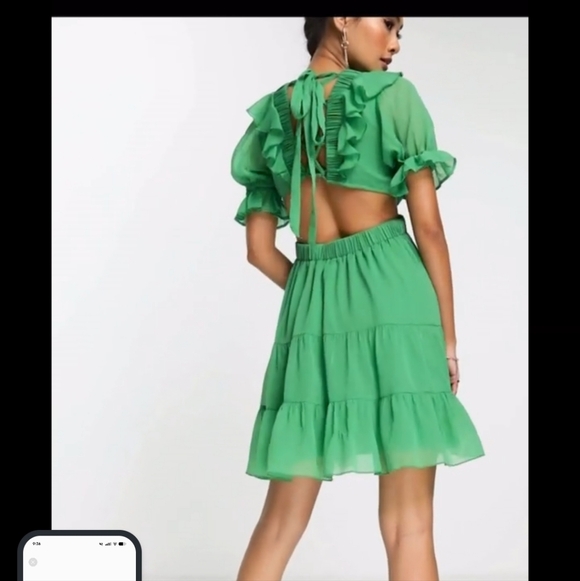 NWT ASOS DESIGN Green Ruffle Cutout Mini Dress Open Back Size US 4 Tiered Skirt - Picture 3 of 13